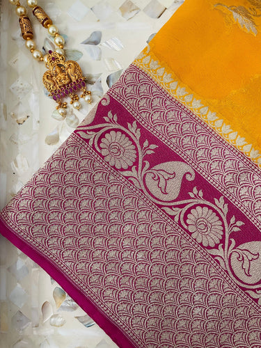 Banarasi Chiffon Saree | Turmeric Yellow with Bright Pink Border | Silver Zari | Handwoven | Ships from California